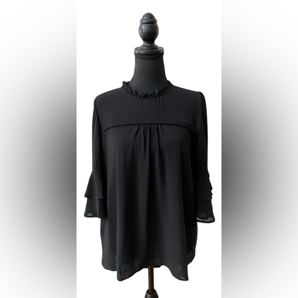 Monteau Tops - Monteau: Black Babydoll Blouse with Ruffle Collar